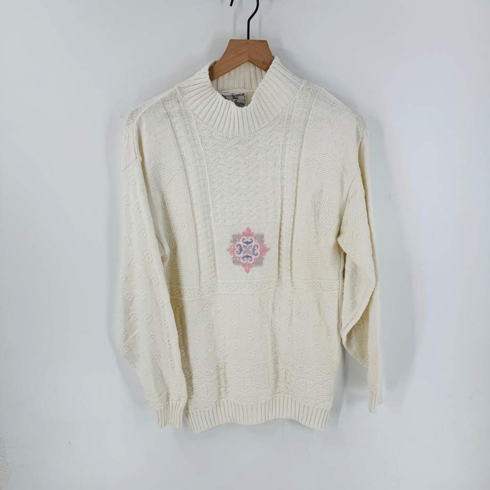 Vintage Deadstock Isle of Cotton Cream Textured Sweater Size M‎ Pastel Crest